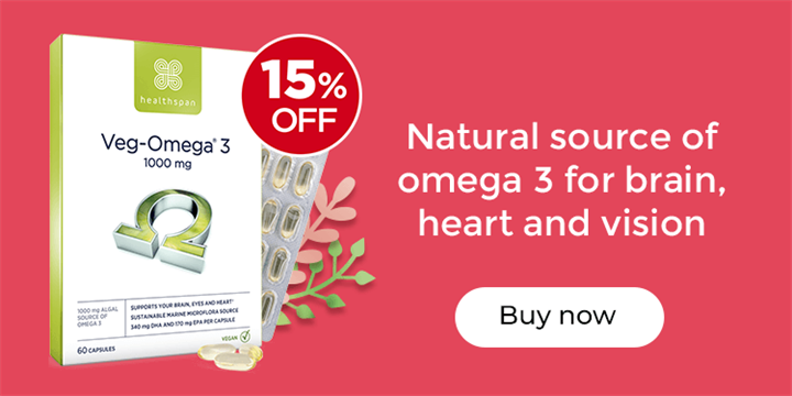 Veg-Omega 3 1000mg - 10% Off. A natural source of omega 3 for brain, heart and vision. Buy now.