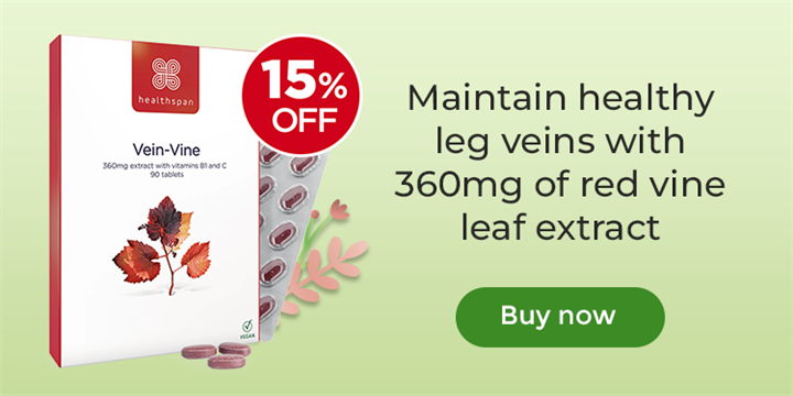 Vein Vine - 15% off. Maintain healthy leg veins with 360mg of red vine leaf extract. Buy now