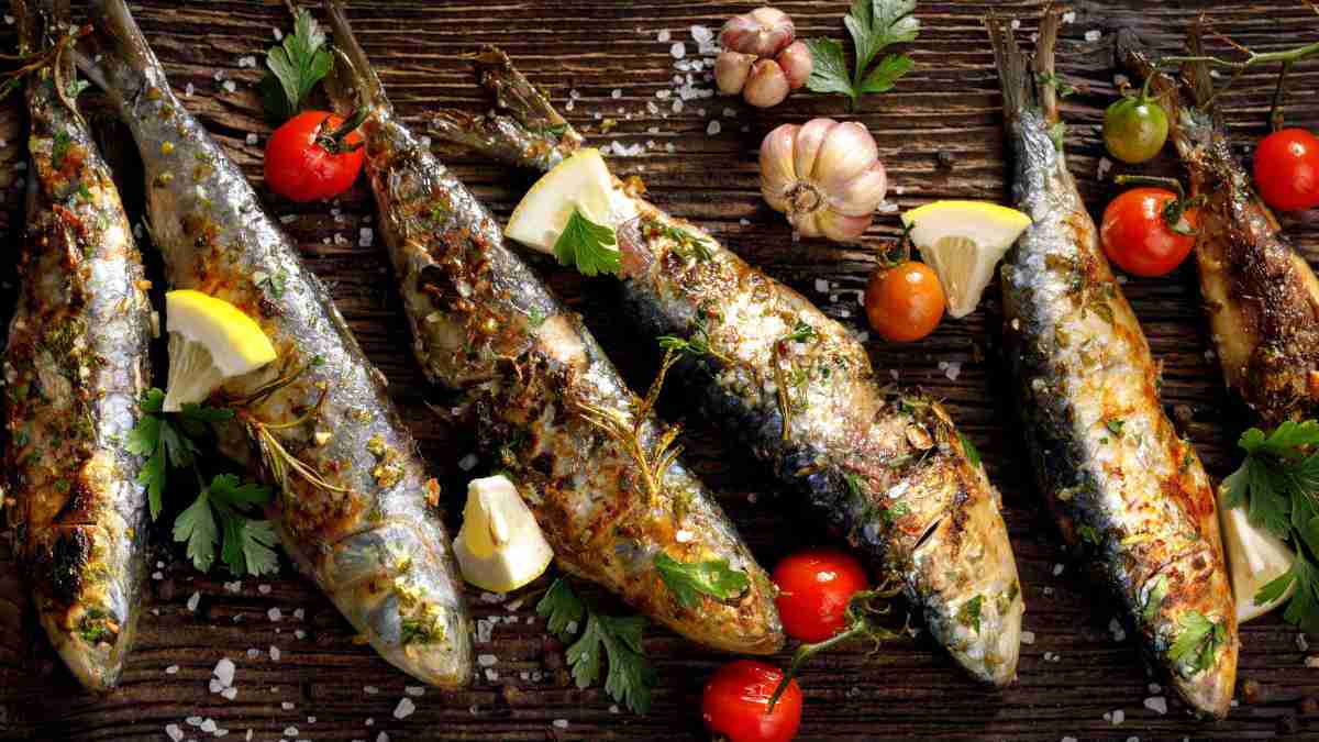 Oily fish on a wooden board