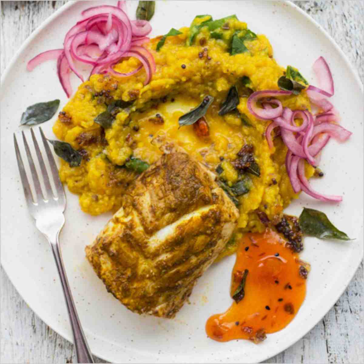 Baked cod with red lentils